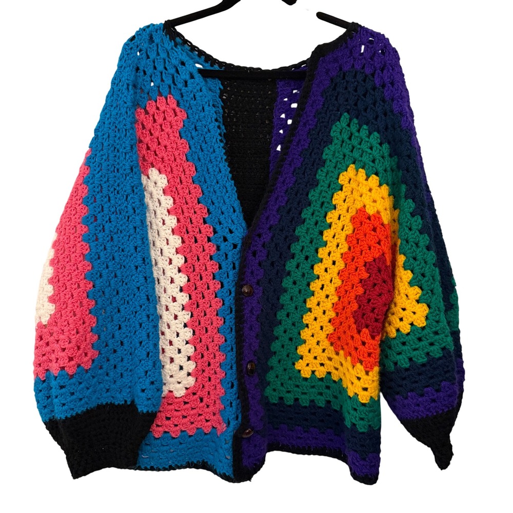 Unbranded Crochet Cardigan Womens XL Multicolor Excellent Granny Square Boho